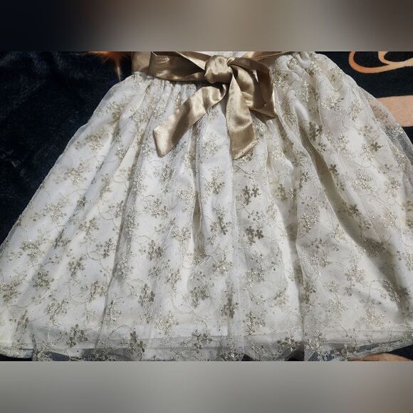 Laura Ashley London 5 White Gold Embroidered Shrtslv Bow Lined Girl'sFormalDress - Picture 6 of 9